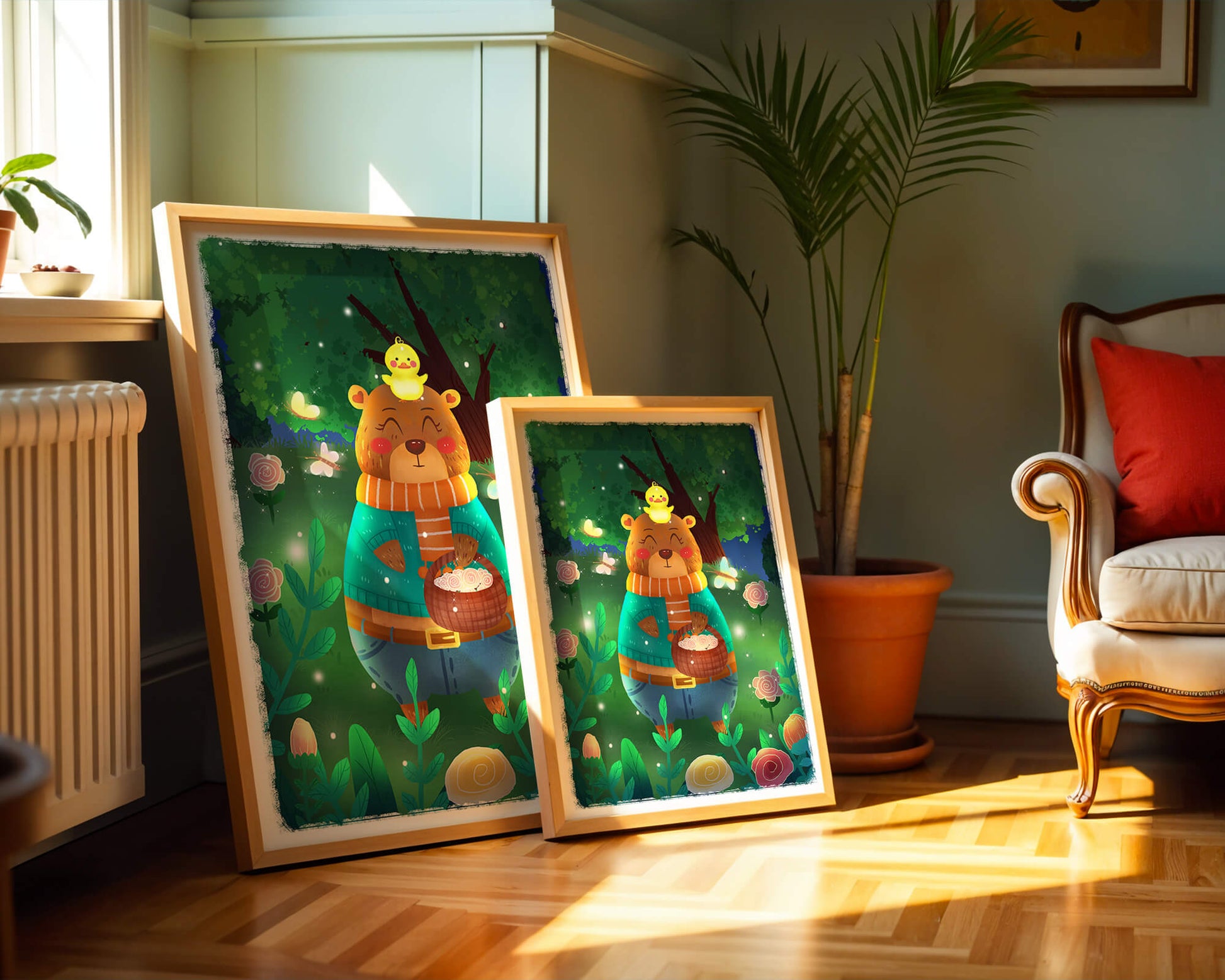 Charming bear in a colorful garden with flowers and fireflies