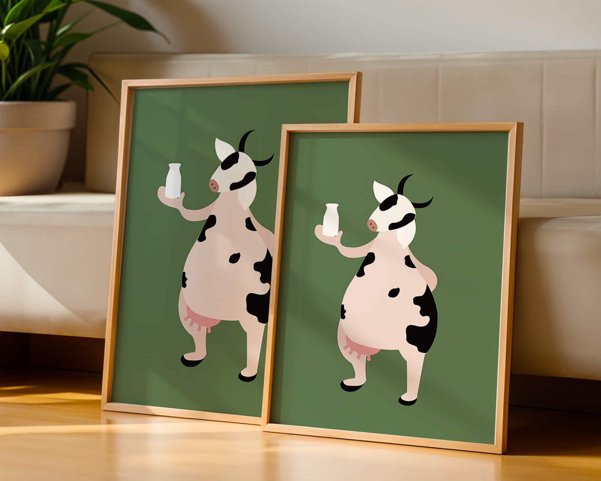 Illustration of anthropomorphic cow holding a milk bottle on green background