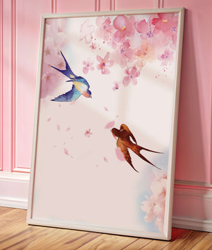 Pájaros coloridos y flores rosadas en una escena primaveral acuarelada