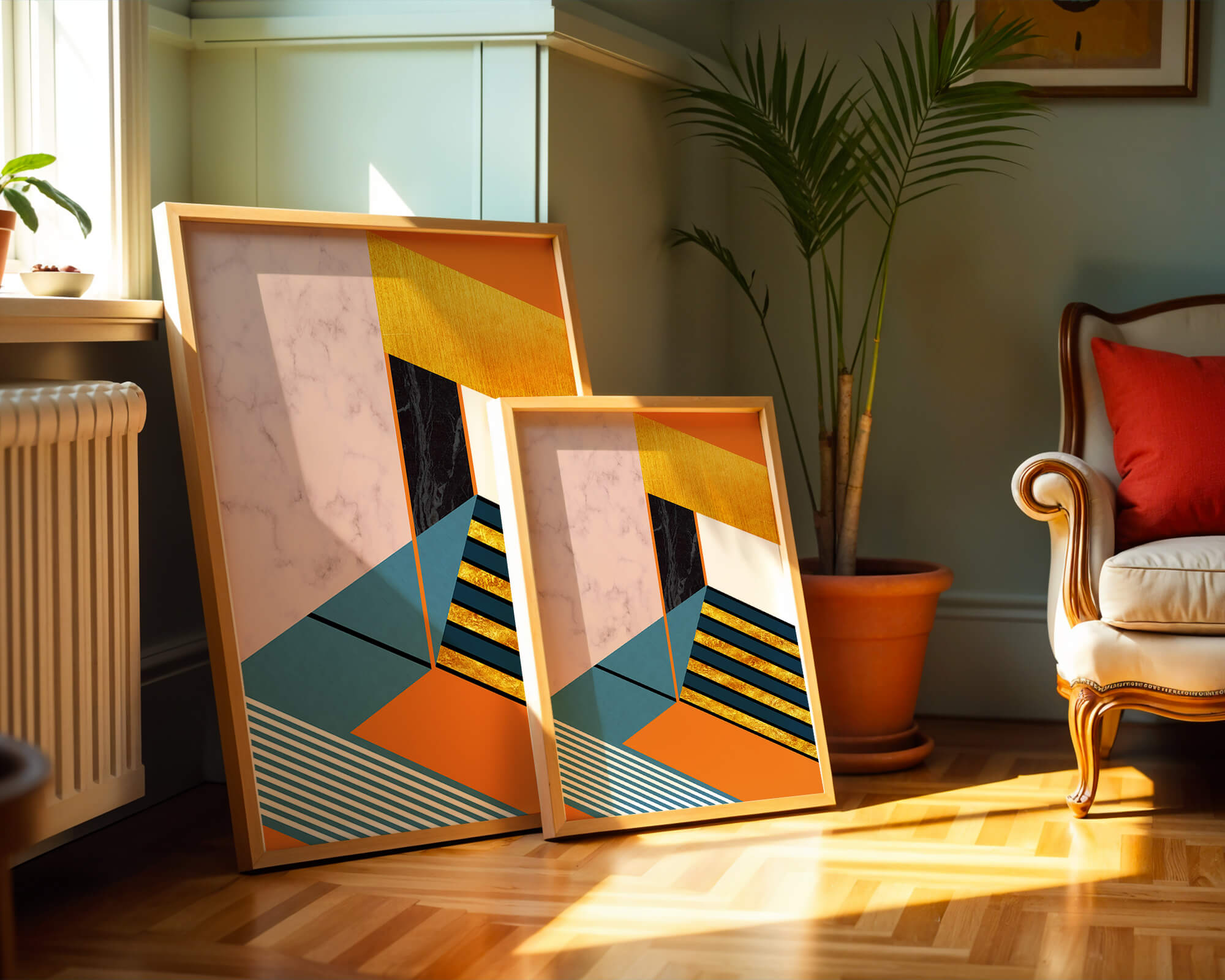 Abstract geometric design with marble and gold textures