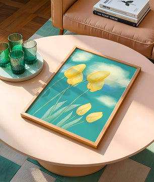 Stylized yellow tulips against a cloudy blue sky background