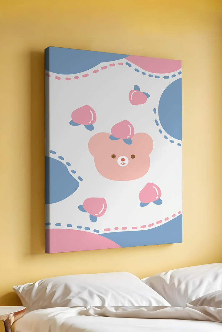 Adorable pastel bear with peaches and dotted background