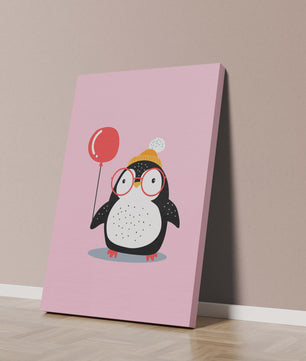 Ilustración adorable de un pingüino con globo y gafas