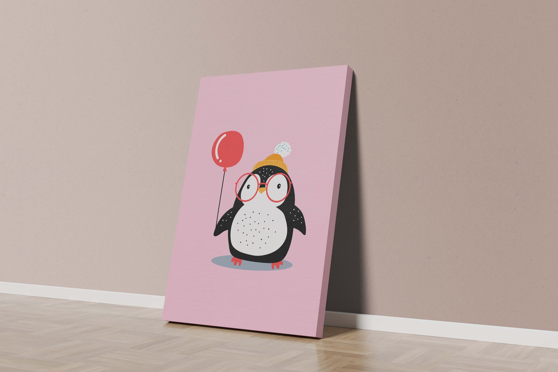 Adorable penguin with balloon and glasses illustration
