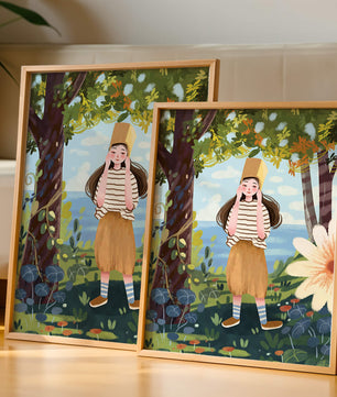 Whimsical Illustration of a Girl in Nature with Golden Hat