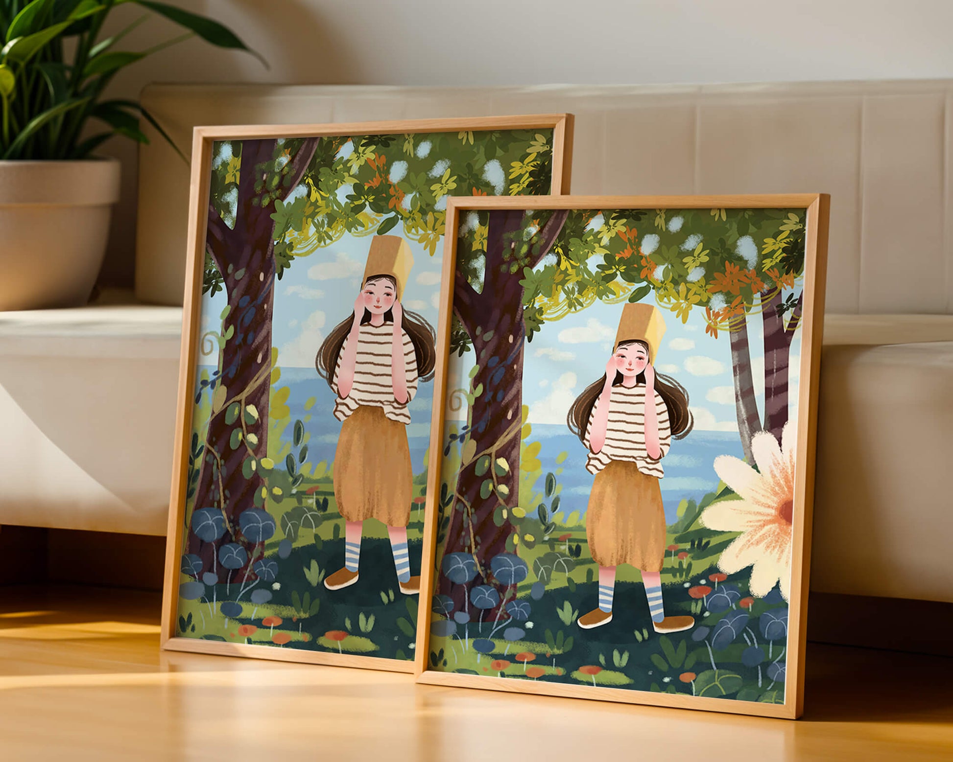 Whimsical Illustration of a Girl in Nature with Golden Hat