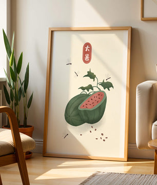 Watermelon With Dragonflies And Asian Script Minimalist Illustration - Mi tienda