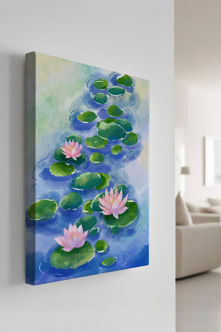 Escena acuática serena con flores de loto rosadas y nenúfares sobre una superficie de agua tranquila.