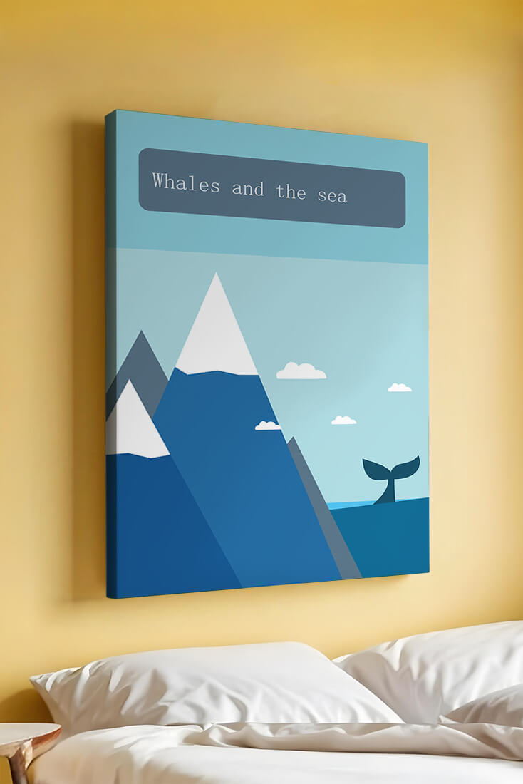 Whale and mountain illustration with sea and sky background