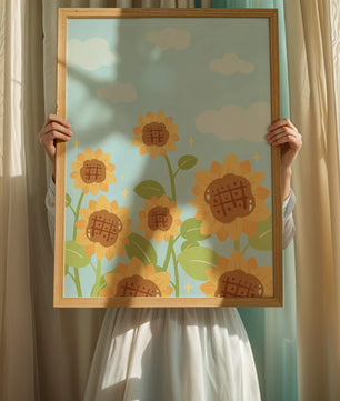 Sunflowers Under Blue Sky with Floating Clouds