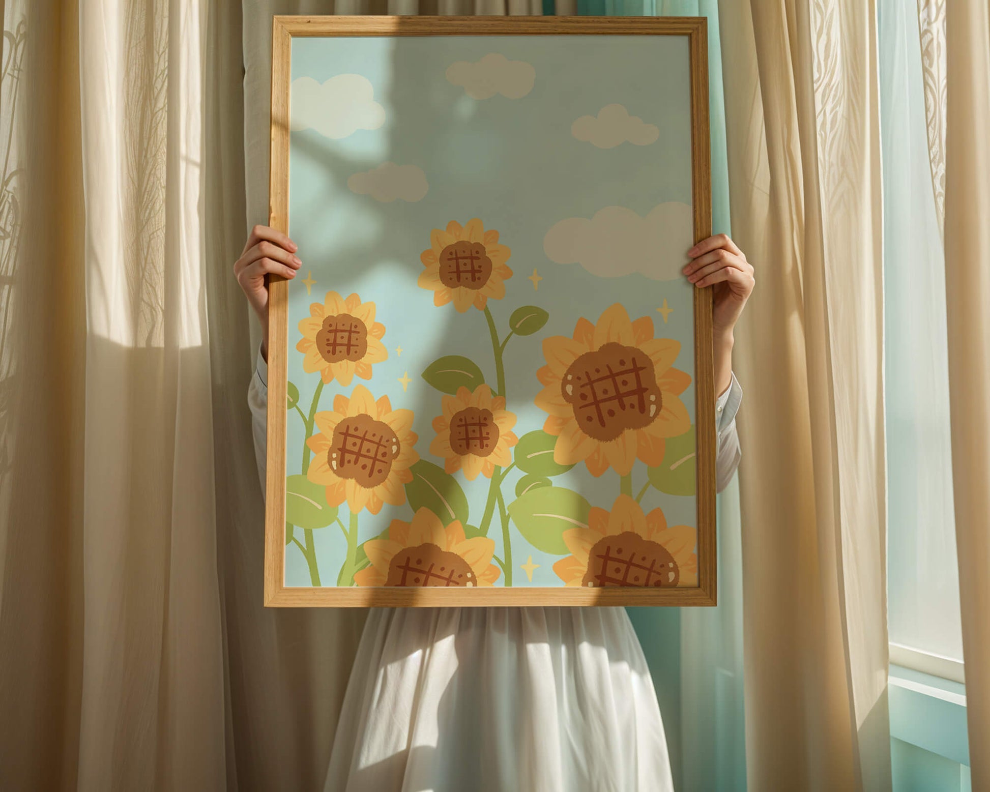 Sunflowers Under Blue Sky with Floating Clouds