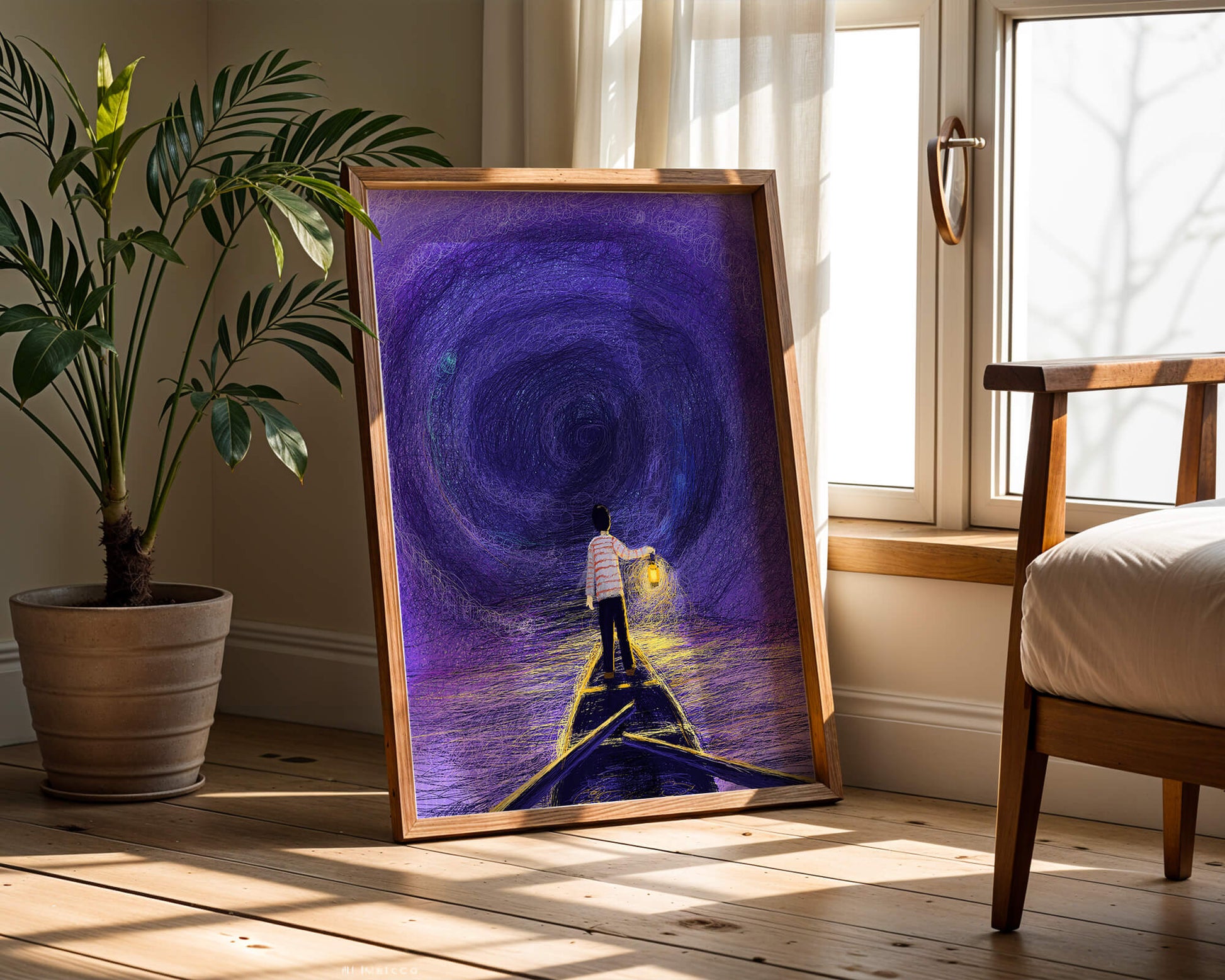 A boy holding a lantern on a boat in a swirling purple vortex