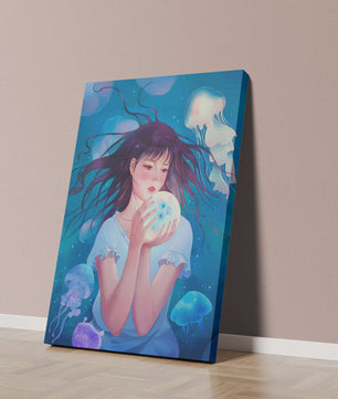 Enchanted underwater scene with girl and glowing jellyfish