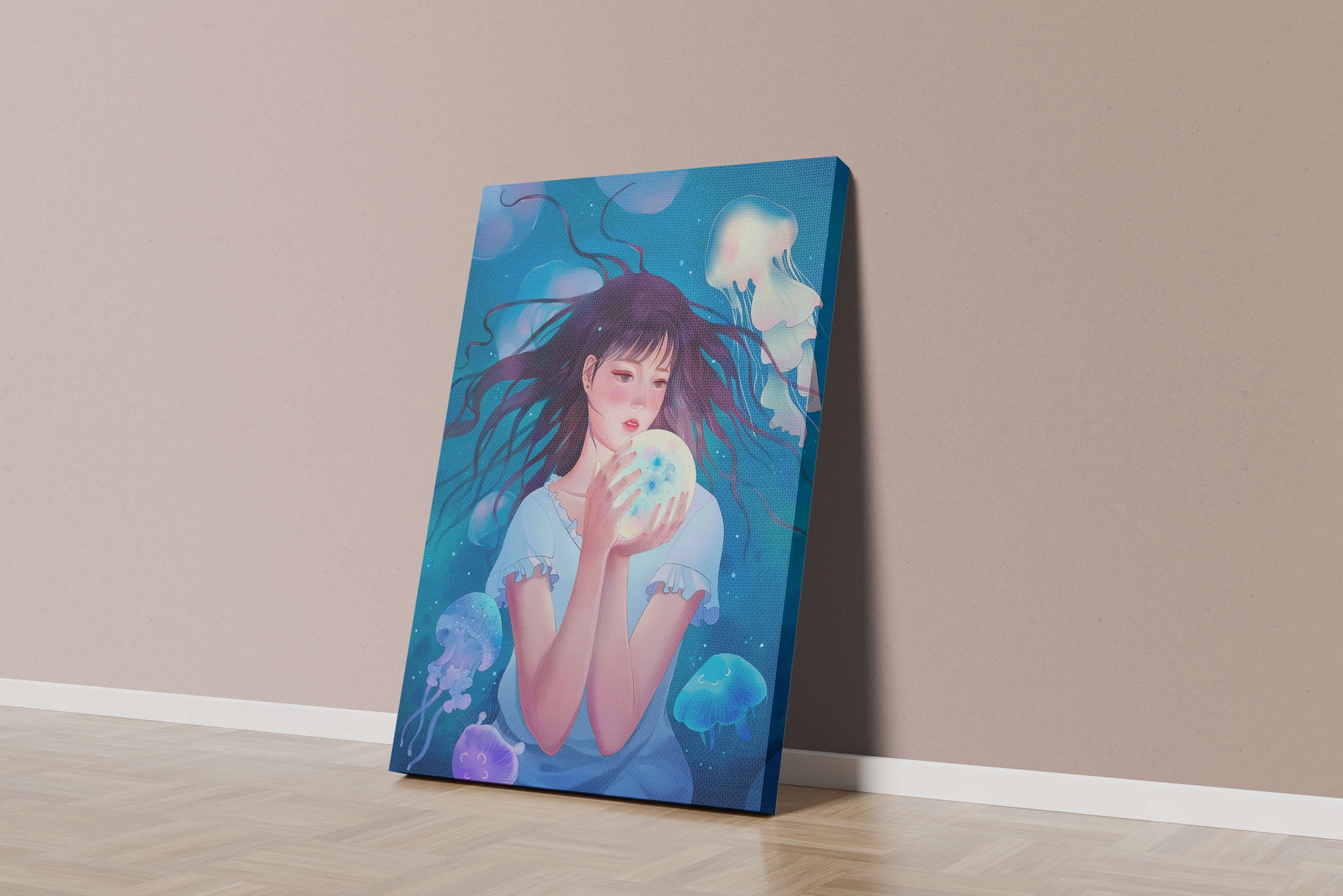 Enchanted underwater scene with girl and glowing jellyfish