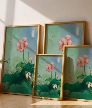 Fleurs de lotus sereines avec des libellules lors d'une journée tranquille