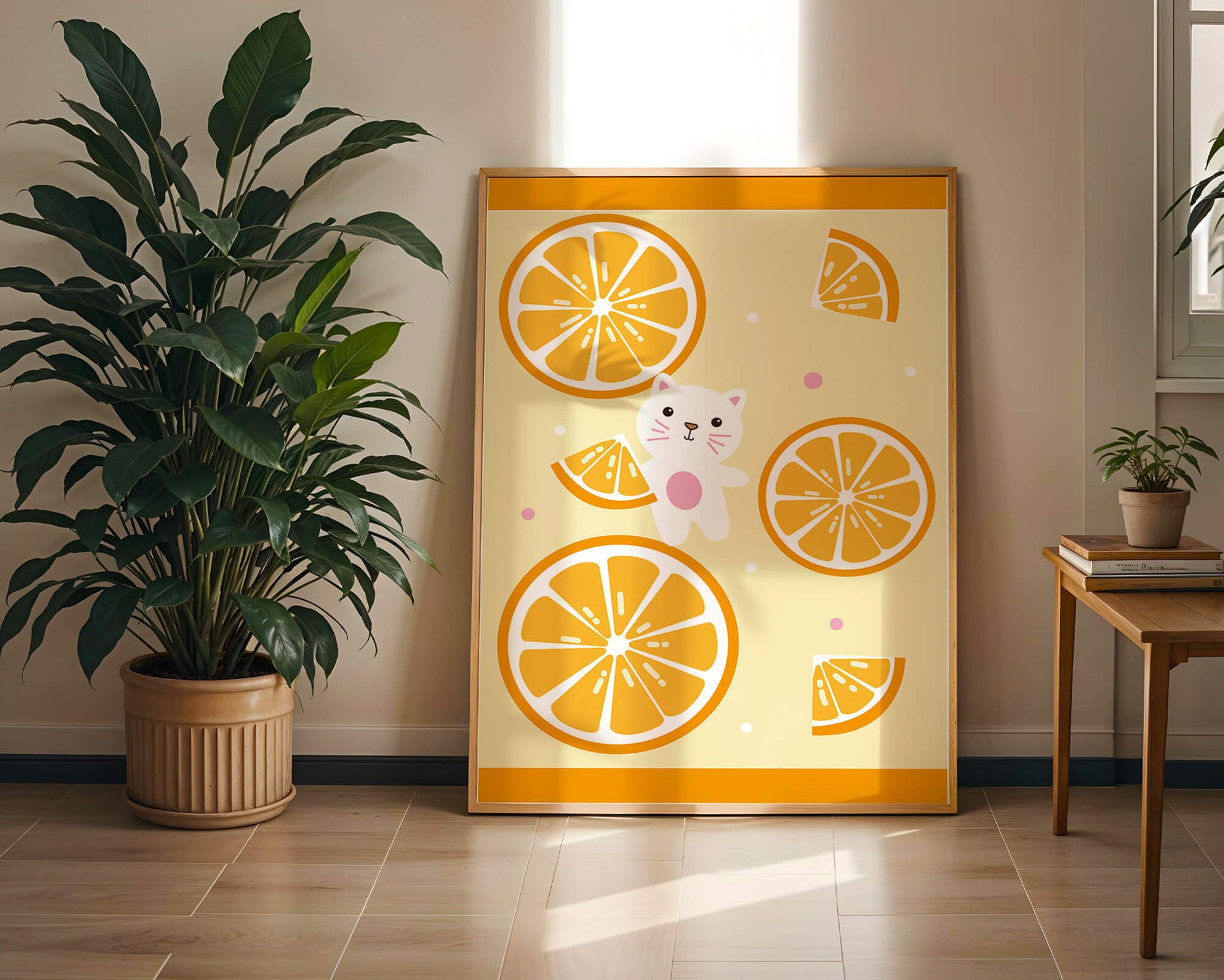 Illustration of a playful cat with orange slices on a colorful background