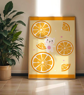 Illustration of a playful cat with orange slices on a colorful background