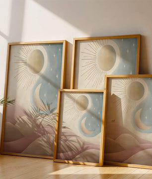 Minimalist landscape with sun, moon, and wolf in pastel hues
