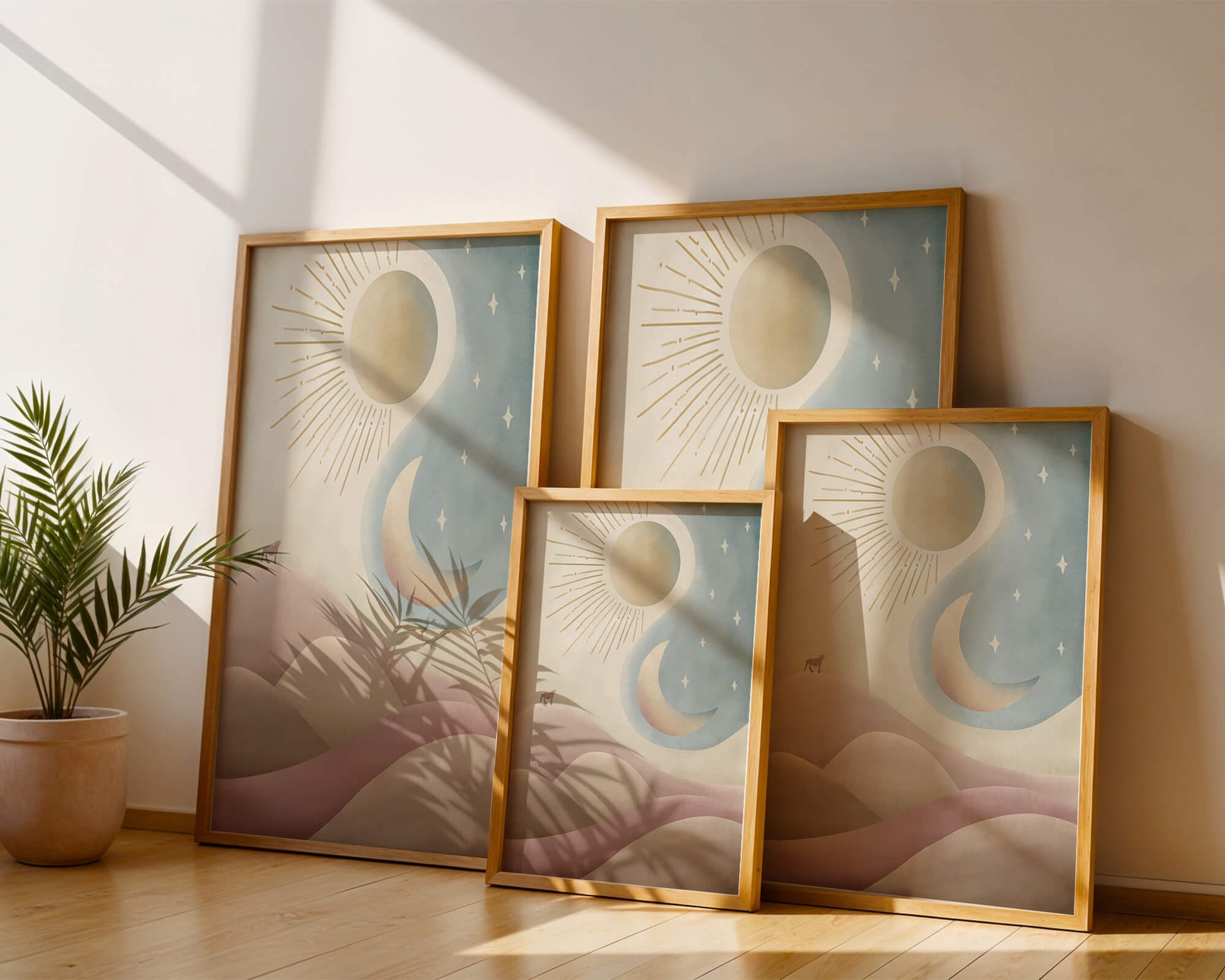 Minimalist landscape with sun, moon, and wolf in pastel hues