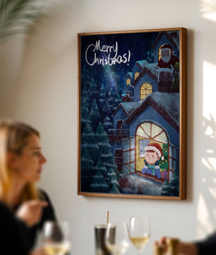 Festive Christmas scene with Santa and a cozy home