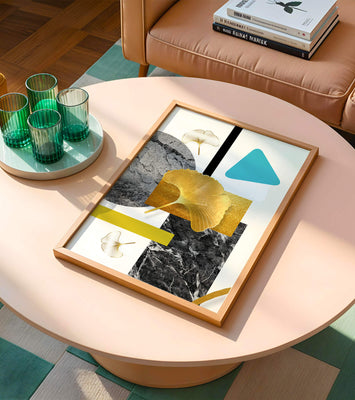 Geometric Abstract Composition with Gold Ginkgo Leaves