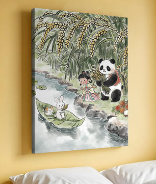 Escena caprichosa con un panda y un conejo junto al río
