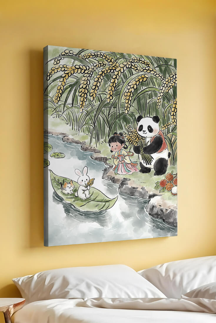 Escena caprichosa con un panda y un conejo junto al río