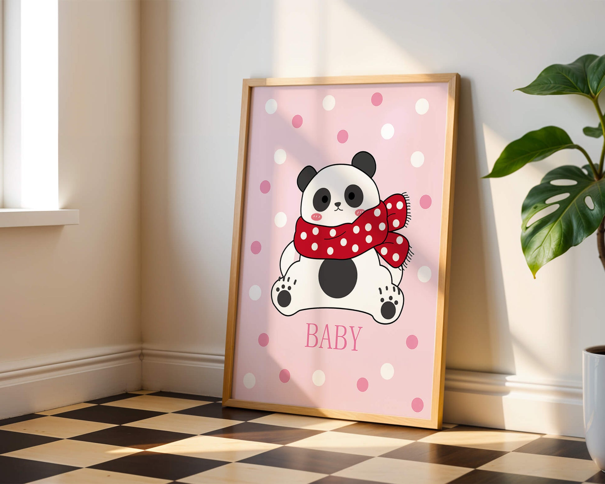 Cartoon panda with red scarf on pink polka dot background