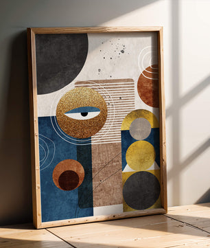 Obra de arte geométrica abstracta con elementos dorados y azules
