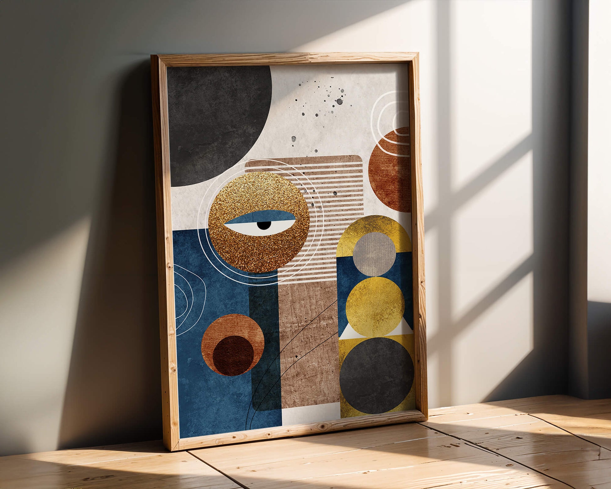 Abstract geometric artwork with gold and blue elements