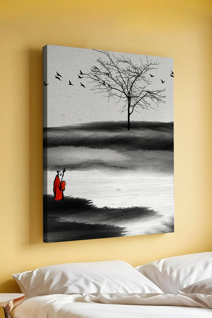 Contemplative Monk with Birds and Bare Tree in Serene Landscape