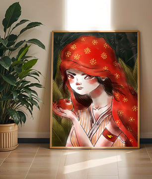 Illustration d'une fille en capuchon rouge tenant une pomme dans une forêt