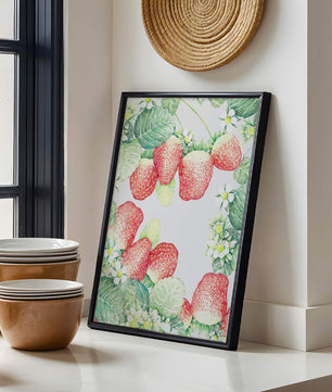 Ilustración de fresas y flores con hojas verdes exuberantes