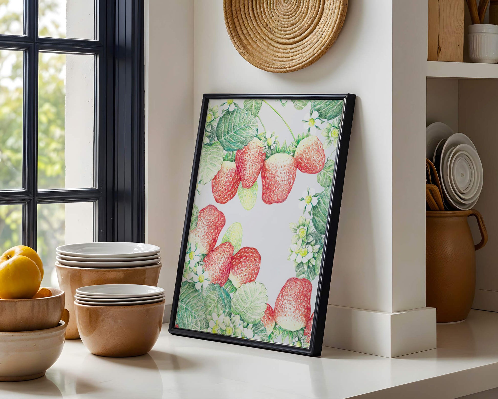 Illustration of strawberries and flowers with lush green leaves
