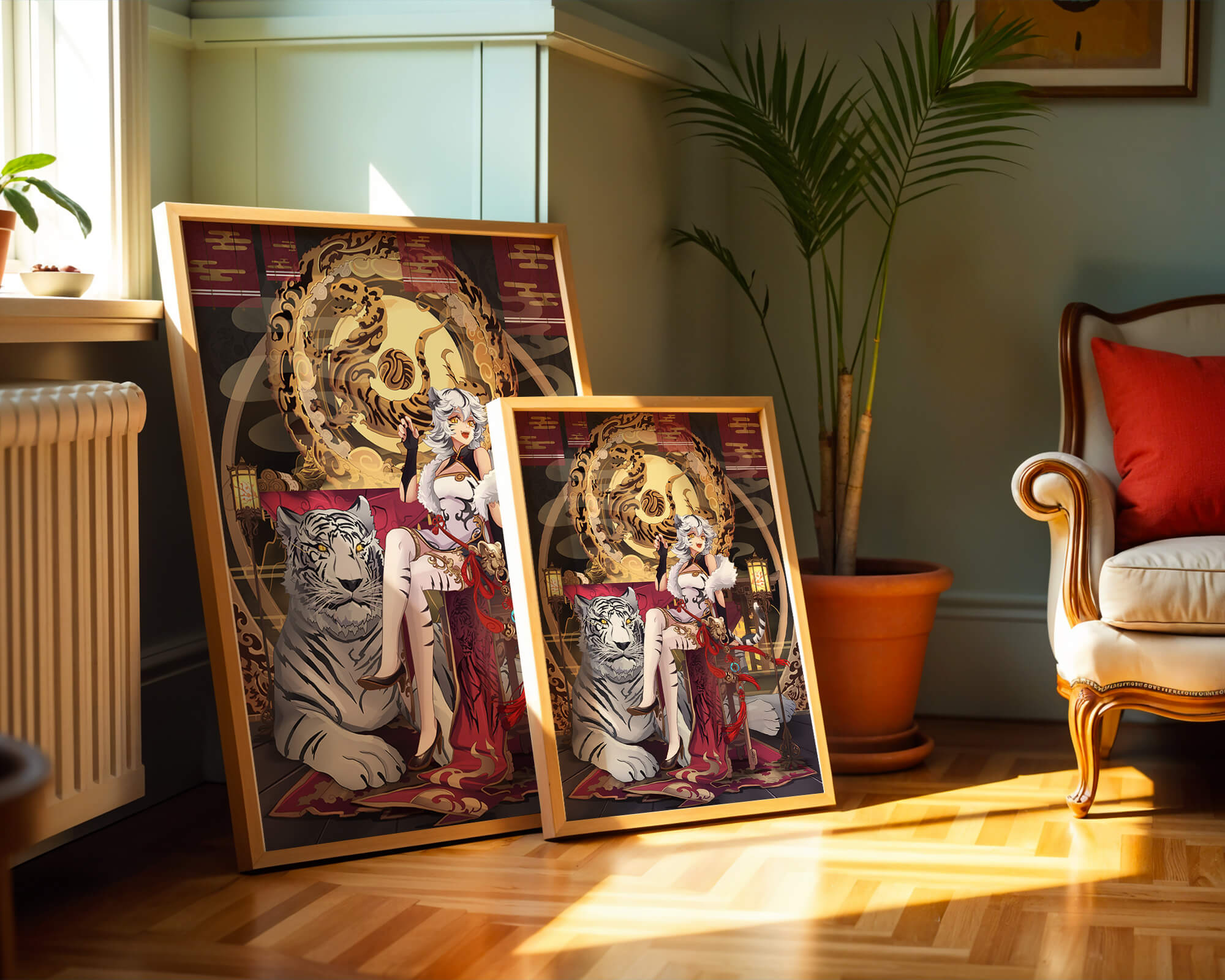 Elegant fantasy character with mystical tiger and ornate decor