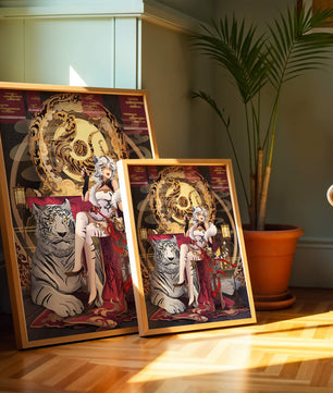 Elegant fantasy character with mystical tiger and ornate decor