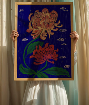 Colorful chrysanthemum illustration on dark blue background
