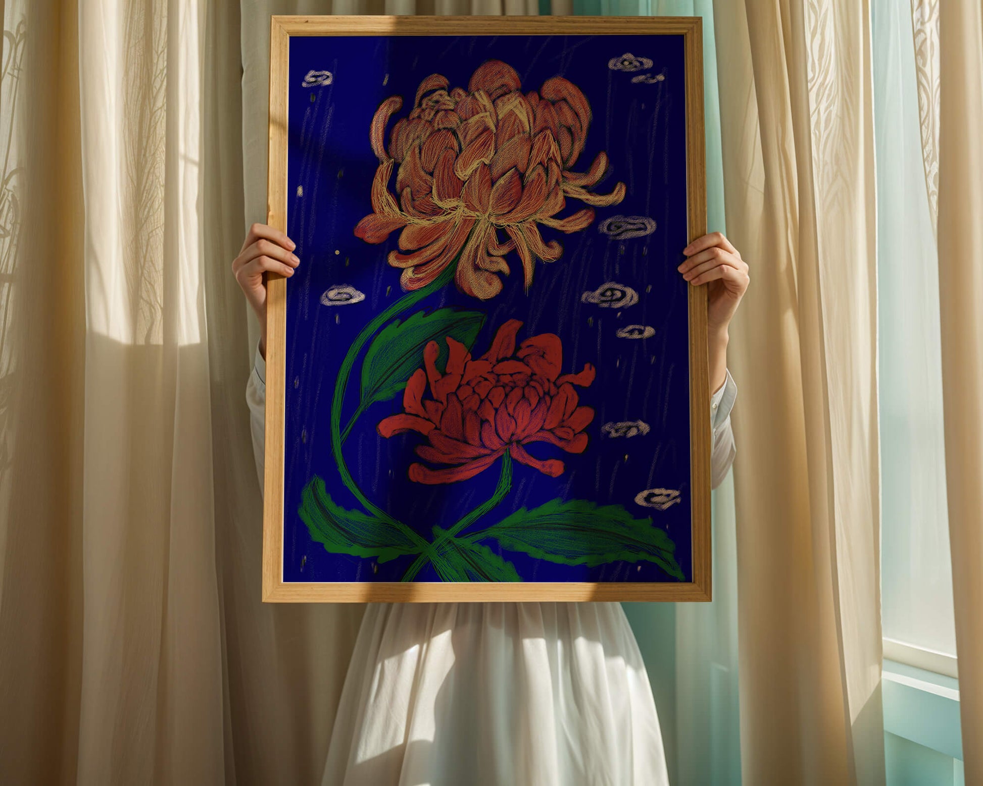 Colorful chrysanthemum illustration on dark blue background