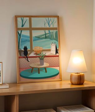 Cozy interior with a cat by the window and potted plants