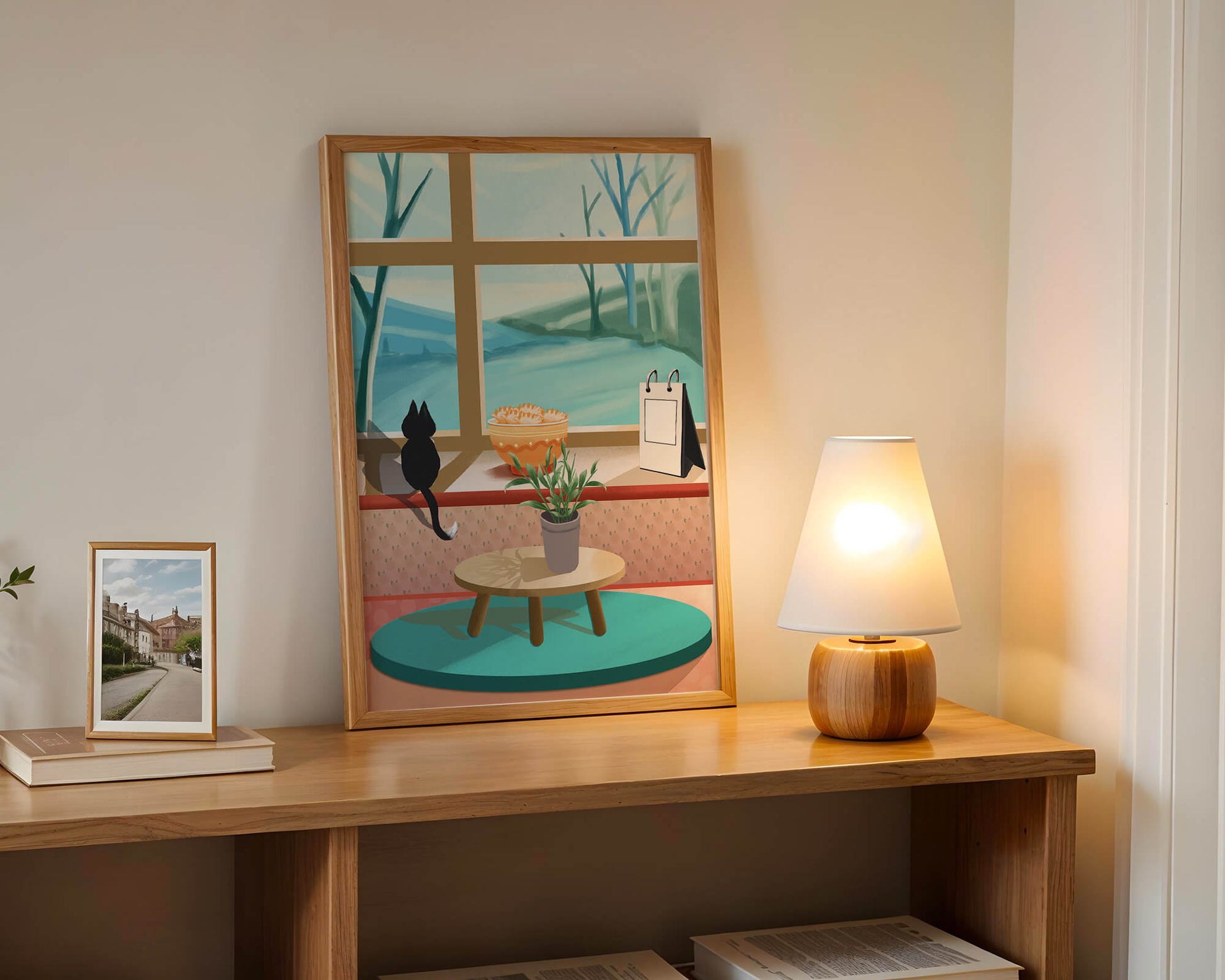 Cozy interior with a cat by the window and potted plants