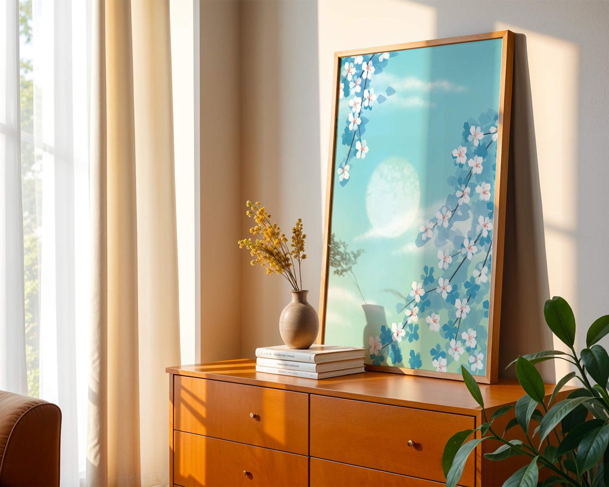 Serene spring blossoms against a pastel sky with gentle sunlight