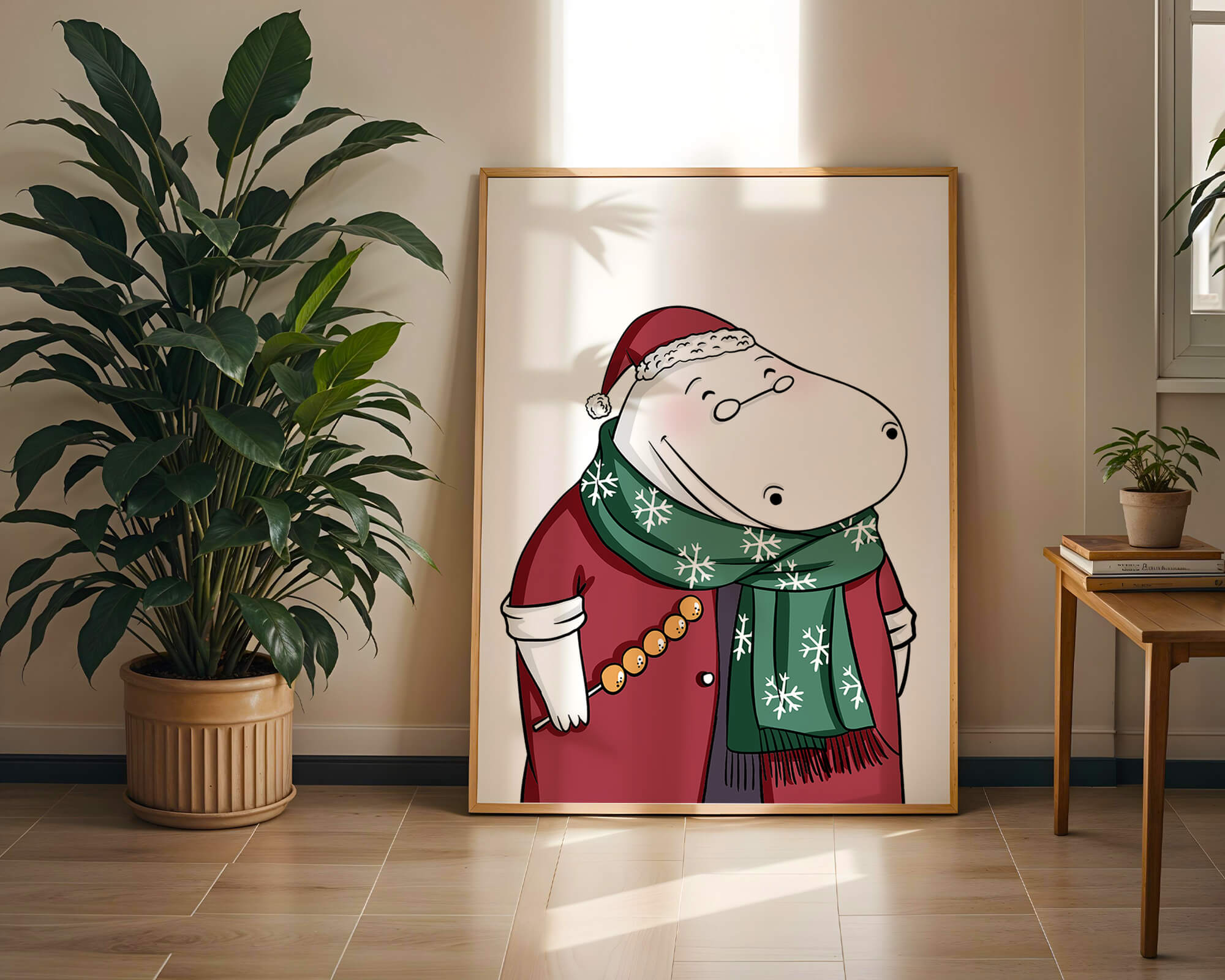 Festive hippo in a red outfit with a green snowflake scarf