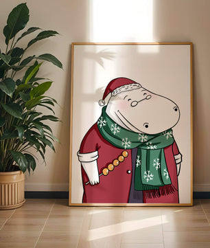 Festive hippo in a red outfit with a green snowflake scarf
