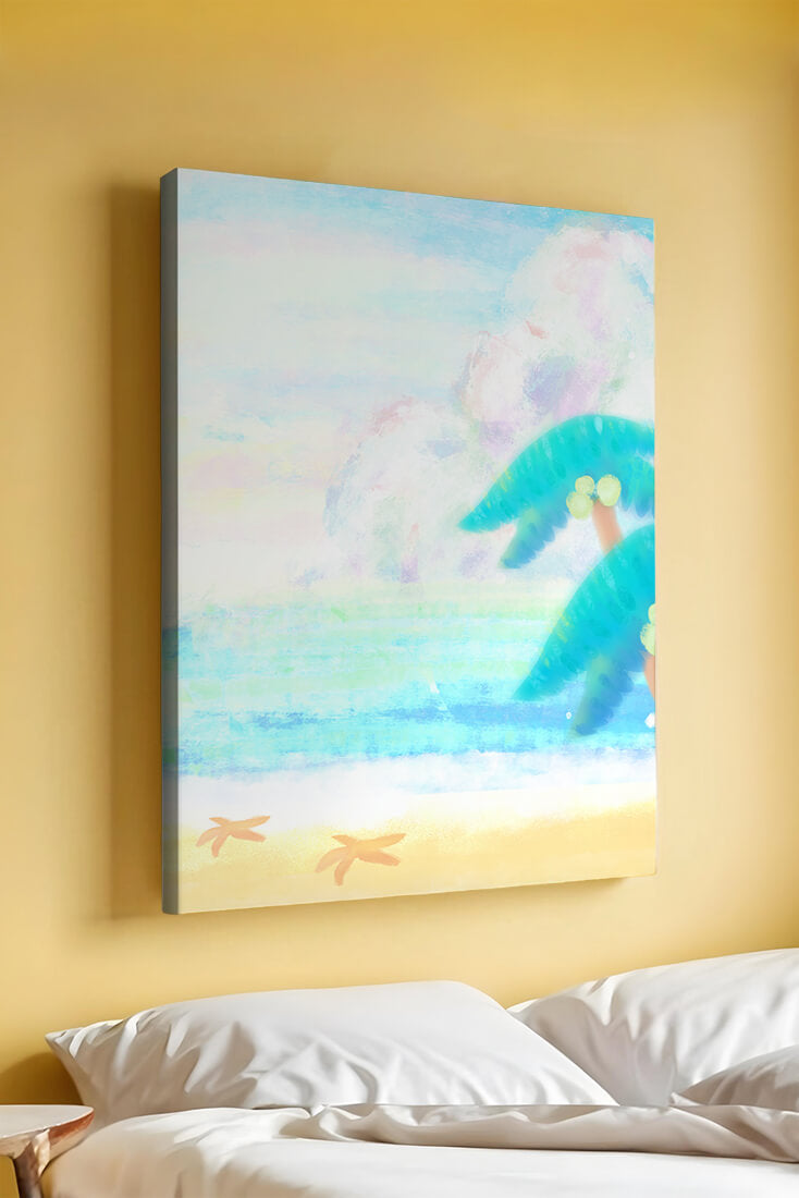 Serene tropical beach with palm trees and starfish