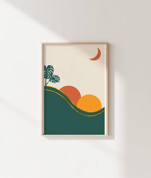 Minimalist Landscape With Mountains And Monstera Leaves At Sunset - Mi tienda