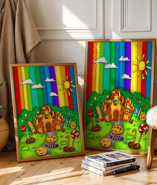 Whimsical candy house in a vibrant rainbow landscape