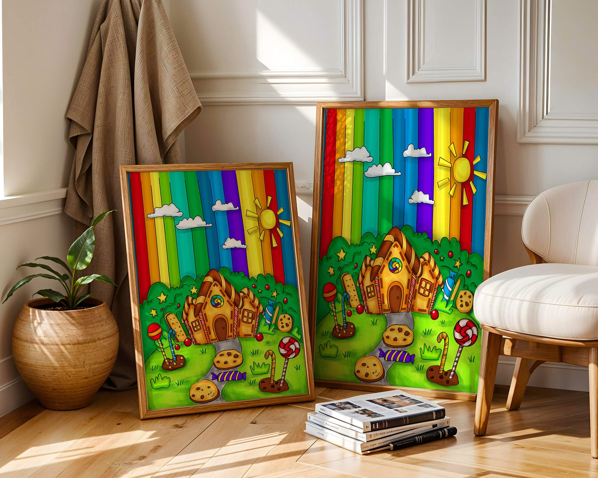 Whimsical candy house in a vibrant rainbow landscape