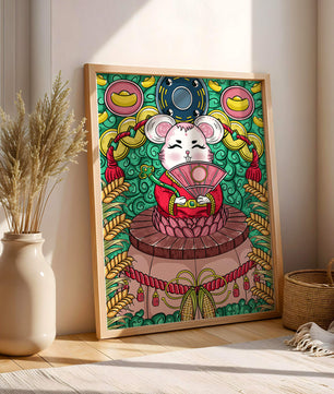 Ratón decorativo encantador con elementos asiáticos y monedas sobre un fondo vibrante