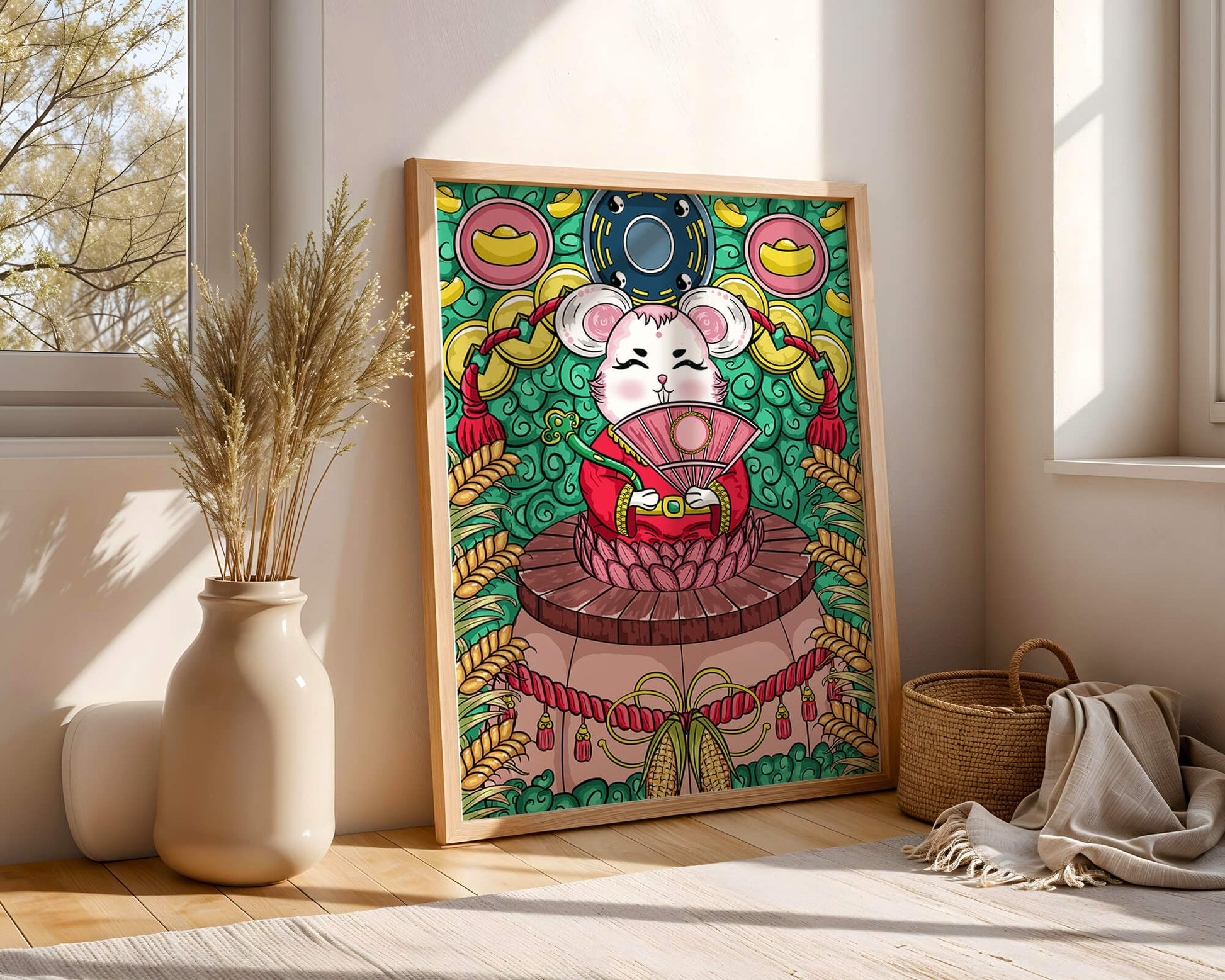 Encantador ratón decorativo con elementos asiáticos y monedas sobre un fondo vibrante.
