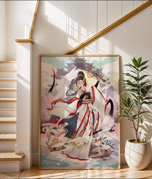 Elegant Asian Artistry with a Crane and Traditional Attire